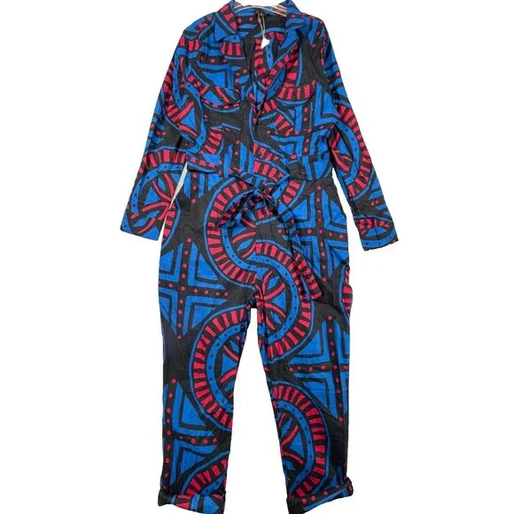 Vibrant Geometric Jumpsuit in Blue and Red - Picture 2 of 16